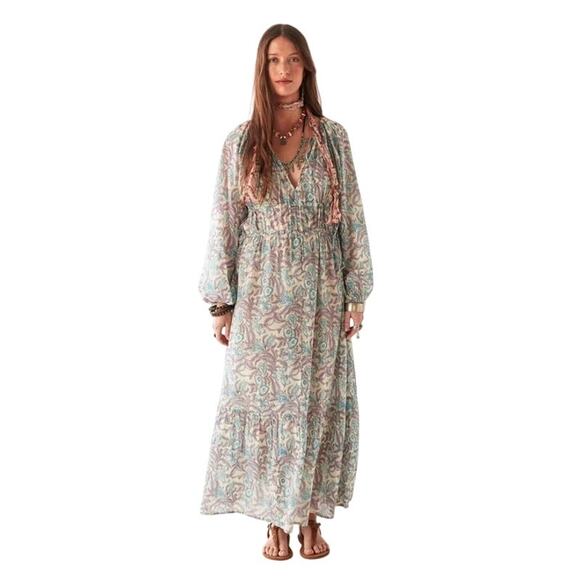 Maison Hotel Maxi Dress Size S Long Hawaiian Blue Purple Paradise Flora Boho NEW - Picture 1 of 12